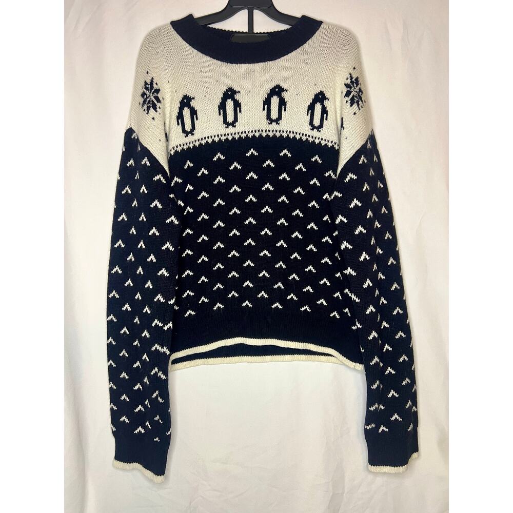 Kate Spade XL Cashmere Blend Intarsia Knit Jeweled Penguin Sweater Black/White